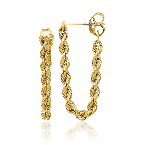14K Solid Yellow Gold Rope Drop Dangle Earrings