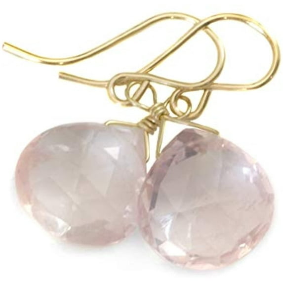 14k Yellow Gold Rose Quartz Earrings Pink Faceted Heart Dainty Simple Dangles Drops Designed for Adult Women