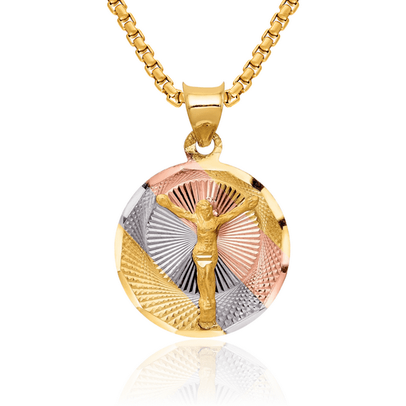14K Solid Yellow Gold Rose White Corpus Jesus Christ Circle Round Necklace Religious Chain Pendant Christian Faith Charm with chain 20inch