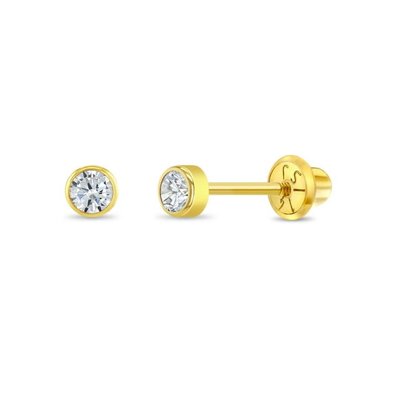 14k Yellow Gold Round 3mm Simulated Diamond Stud Screw Backs for Baby Girls