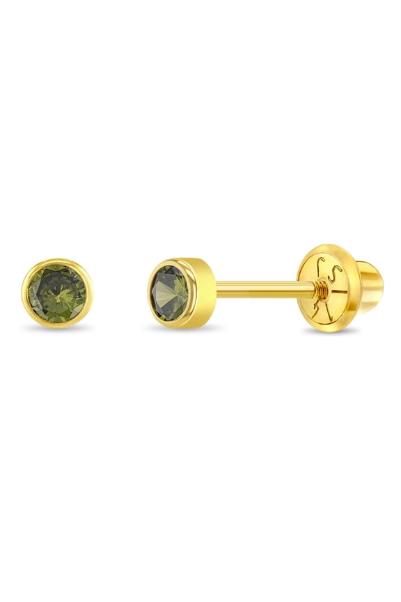 14k Yellow Gold Round 3mm Simulated Peridot Bezel Stud Screw Backs for Girls
