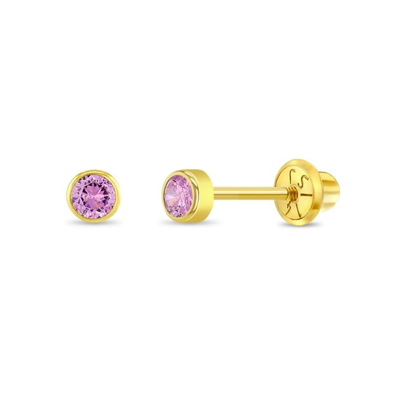 14k Yellow Gold Round 3mm Simulated Pink Tourmaline Bezel Girls Stud Screw Backs
