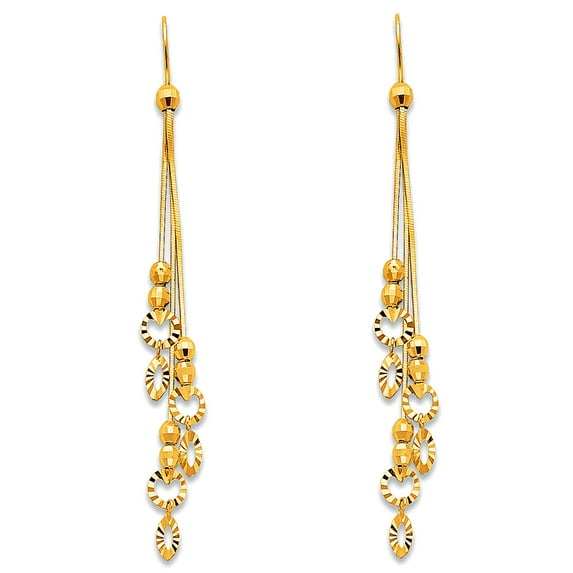 14k Yellow Gold Round Balls Dangle Earrings Long Hanging Chains Diamond Cut Fashion Drop Style 70 mm