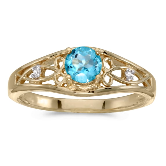14k Yellow Gold Round Blue Topaz And Diamond Ring