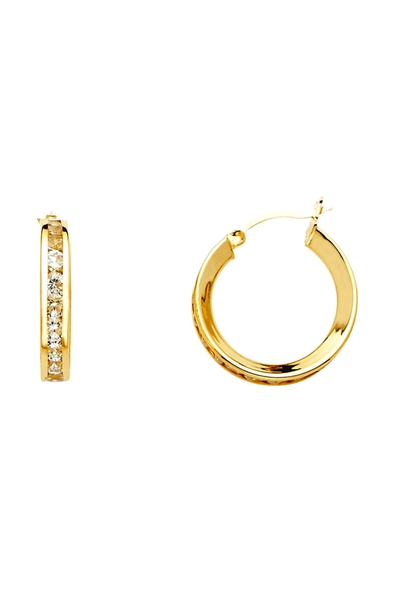 14k Yellow Gold Round Cubic Zirconia Channel Hoop Earrings 20x20mm Hoop Earring for Women