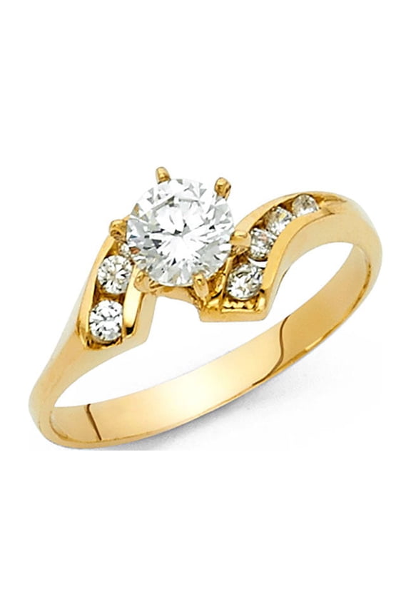 14k Yellow Gold Round CZ Engagement Ring Anniversary CZ Solitaire Band Channel Set Side Stones, Size 9
