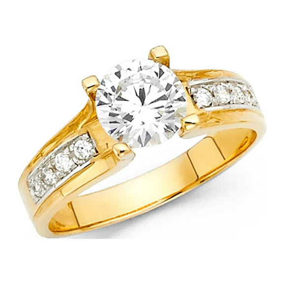 14k Yellow Gold Round CZ Engagement Ring Anniversary Solitaire CZ Band Bridal Ring Side Stones Size 7