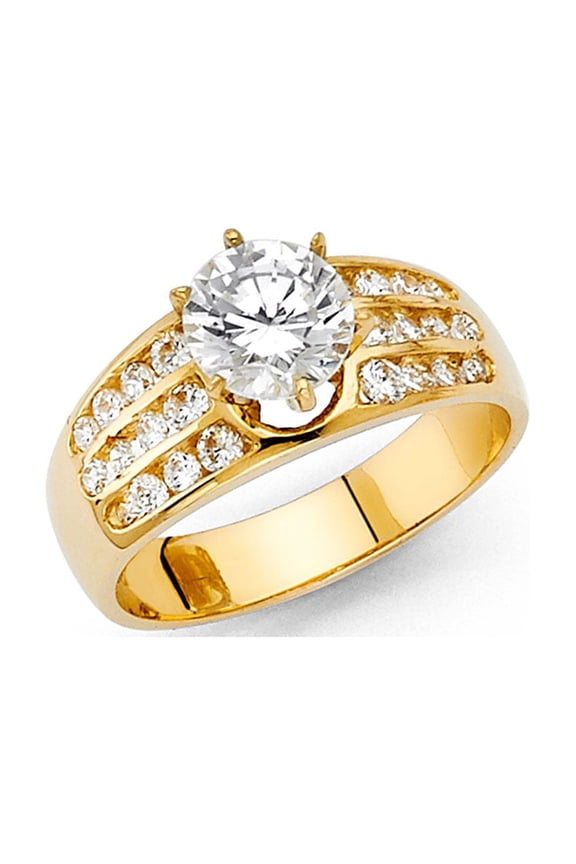 14k Yellow Gold Round CZ Engagement Ring Anniversary Solitaire CZ Wide Band Bridal Side Stones Size 5