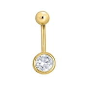 JewelStop 14K Yellow Gold Round CZ Navel Ring Body Jewelry, 1.2gr.