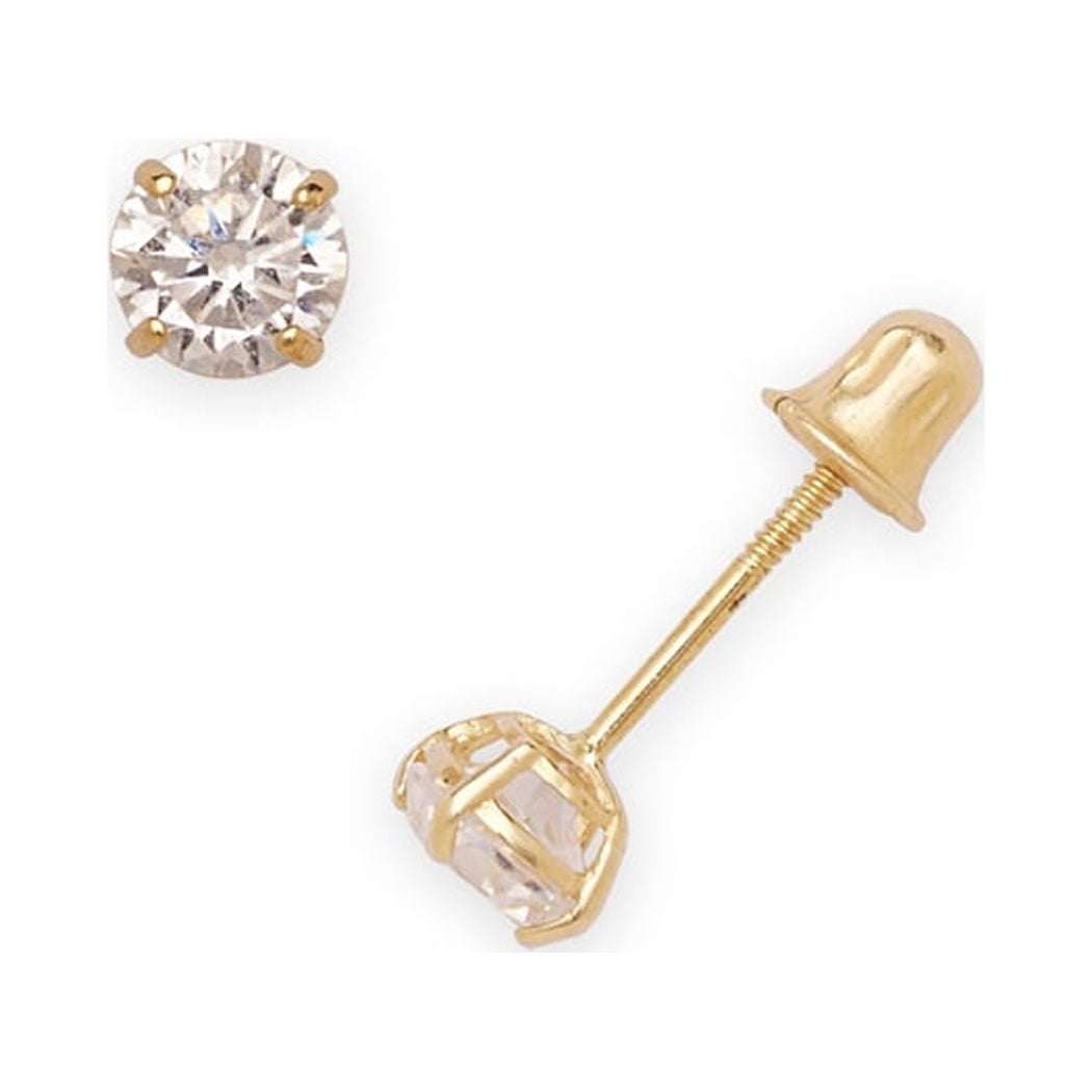 14k Yellow Gold Round CZ Stud Screw Back Earrings For Women/cartilage (2mm-7mm) (3mm-Yellow Gold) Body Piercing Stud