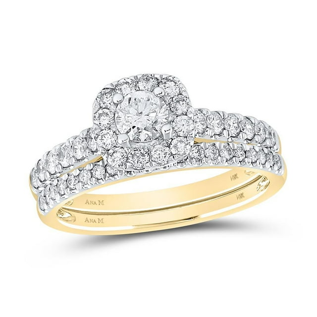 14k Yellow Gold Round Diamond Halo Bridal Wedding Ring Set 1 Cttw ...