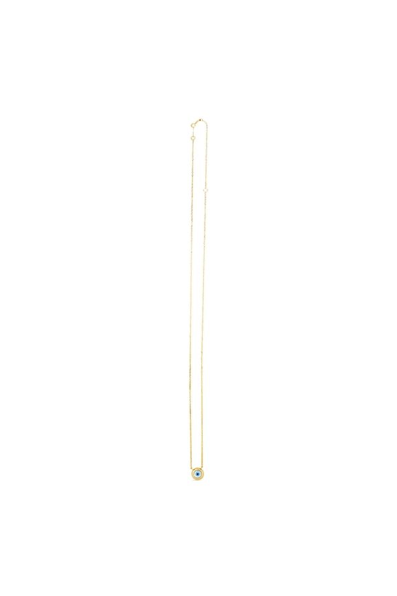 14k Yellow Gold Round Evil Eye Necklace With Mother of Pearl and Spring-ring Clasp Jump-ring At 16 Inch 1mm Chain-width