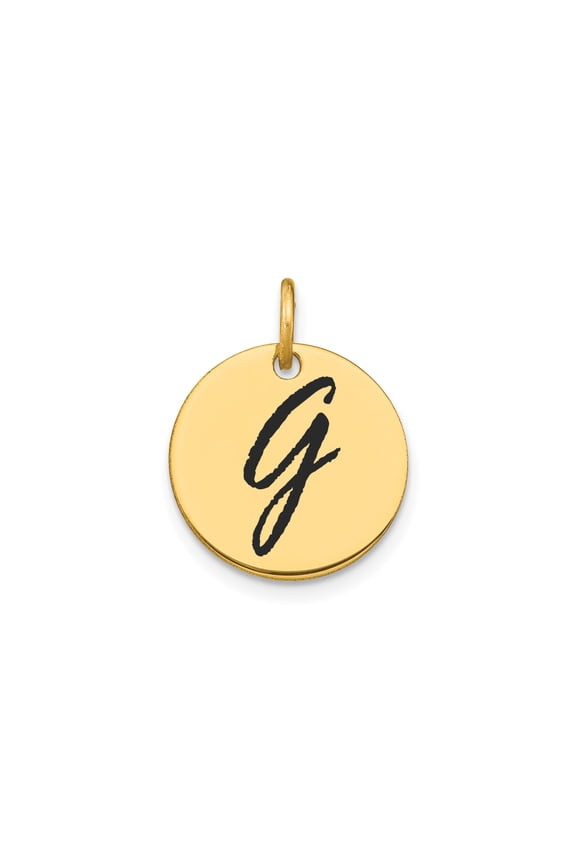 14k Yellow Gold Round Initial Pendant with Script Letter G, Unisex Monogram Necklace Charm for Personalized Jewelry and Custom Name Identity Necklace