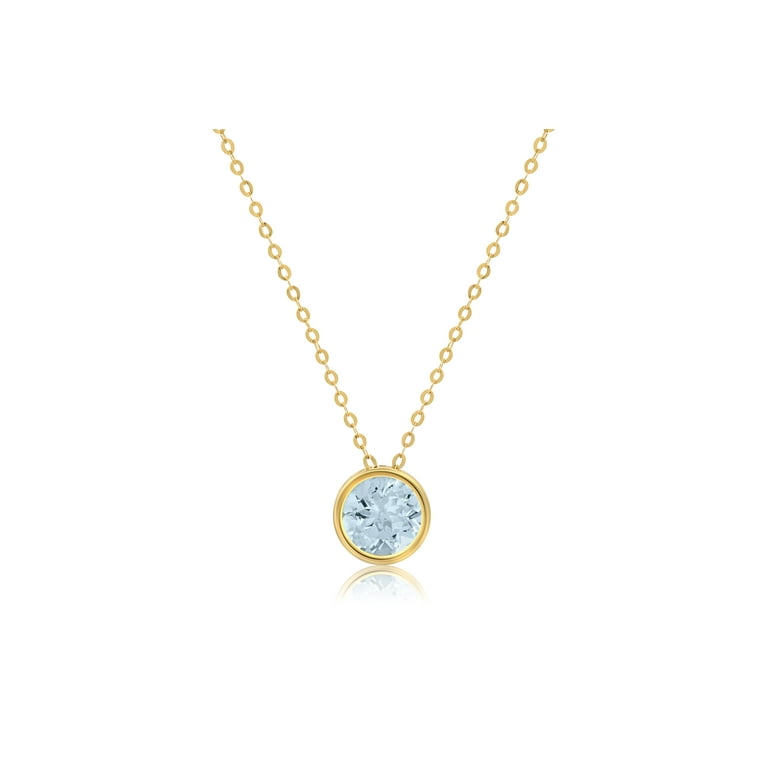14k Yellow Gold Round Pendant Necklace for Women with 7 mm Blue Aquamarine March Birthstone on 18 Inch Cable Chain Spring Ring Clasp Bezel Set by MAX