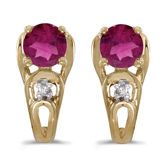 14k Yellow Gold Round Rhodolite Garnet And Diamond Earrings