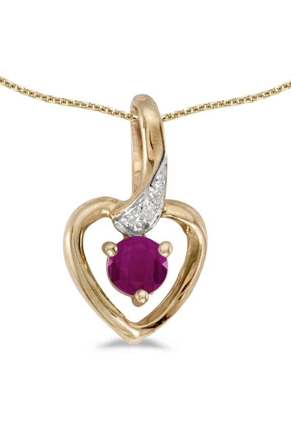 14k Yellow Gold Round Ruby And Diamond Heart Pendant with 18" Chain