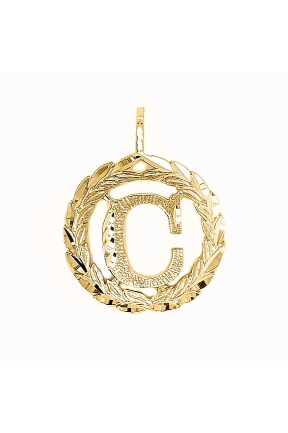14k Yellow Gold Round Wreath Initial Letter 'C' Pendant