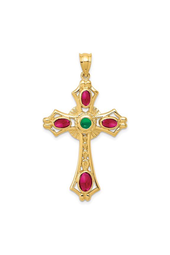 14k Yellow Gold Ruby & Emerald Cabochon Cross Pendant