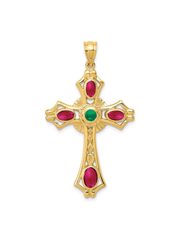 14k Yellow Gold Ruby & Emerald Cabochon Cross Pendant