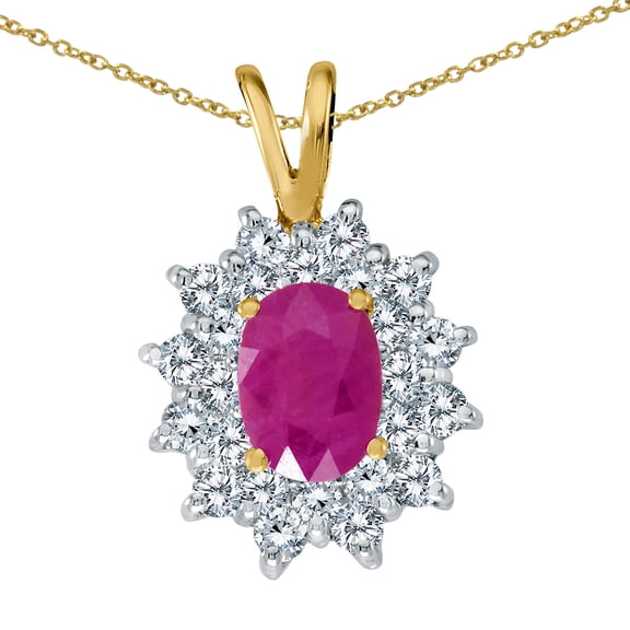 14k Yellow Gold Ruby Oval Pendant with Diamonds and 18" Chain