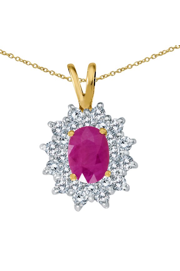 14k Yellow Gold Ruby Oval Pendant with Diamonds and 18" Chain