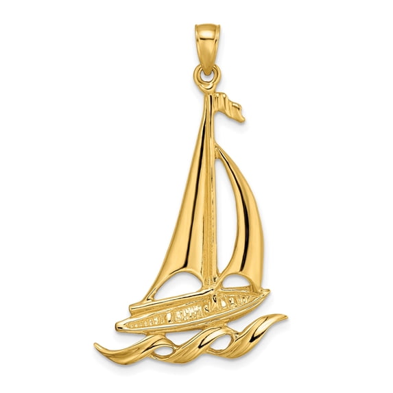 14k Yellow Gold Sailboat Pendant with Yacht, Flag, and Wave Design, Nautical Ocean Jewelry for Men and Women, Unisex Symbol of Freedom and Sea Adventure