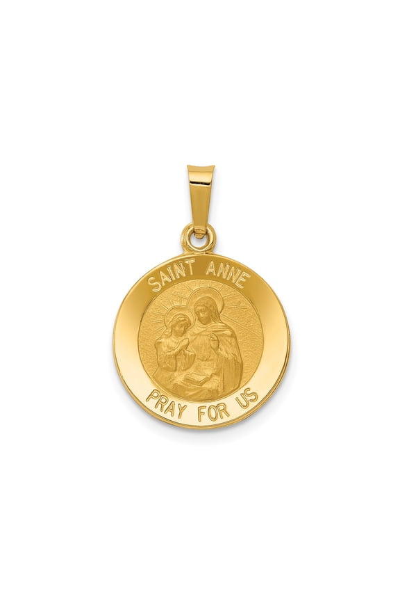 14k Yellow Gold Saint Anne Medallion Pendant for Women, Catholic Religious Jewelry with Pray for Us Inscription, Spiritual Faith Protection Necklace