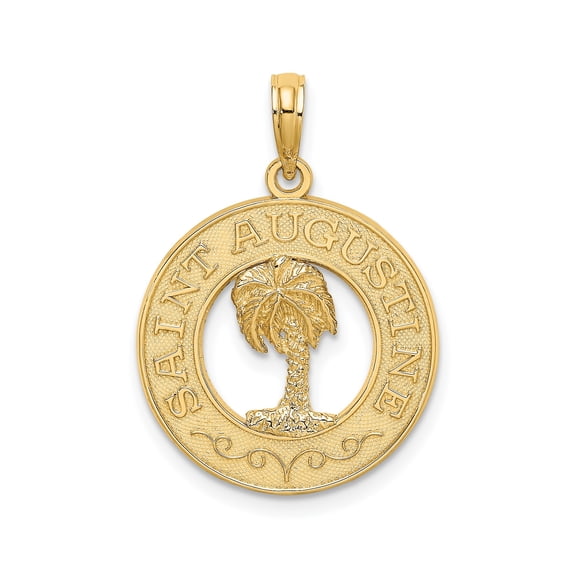 14k Yellow Gold Saint Augustine Palm Tree Pendant for Women or Unisex Wear, Round Medallion Symbolizing Travel, Heritage, Religion, Cultural Jewelry, Florida Souvenir Charm
