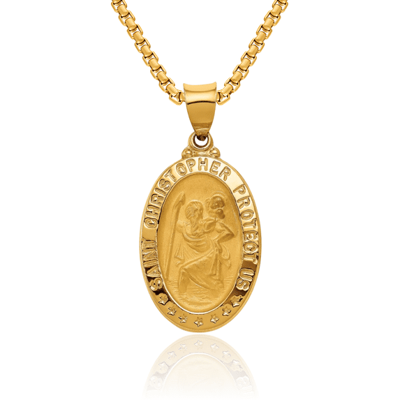 14K Solid Yellow Gold Saint Christopher Medal Patron of Travelers Athletes Protection Necklace Christian Religious Chain Pendant Faith Charm
