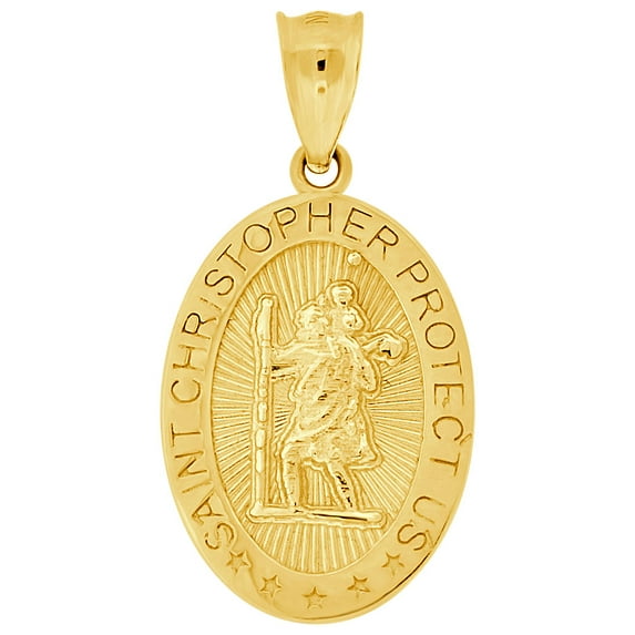 14k Yellow Gold, Saint Christopher Religious Medal Pendant Oval Shape 13mm with 16" Dainty Neck Chain
