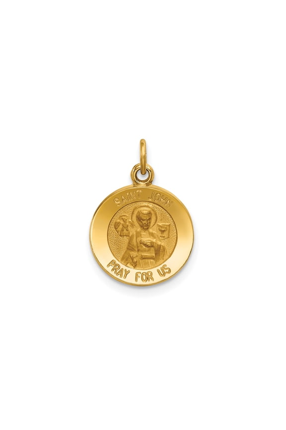 14k Yellow Gold Saint John Medal Pendant for Men or Women, Catholic Religious Charm with Pray for Us Inscription, Christian Jewelry Symbolizing Faith, Devotion, and Protection