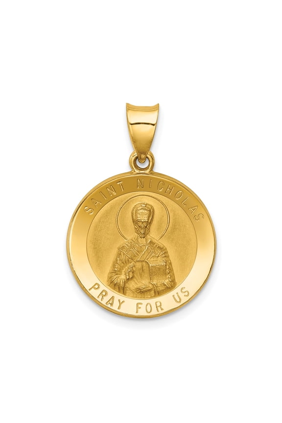 14k Yellow Gold Saint Nicholas Medallion Pendant for Men and Women, Catholic Patron Necklace with Pray for Us Inscription, Christian Religious Jewelry Symbolizing Faith and Protection
