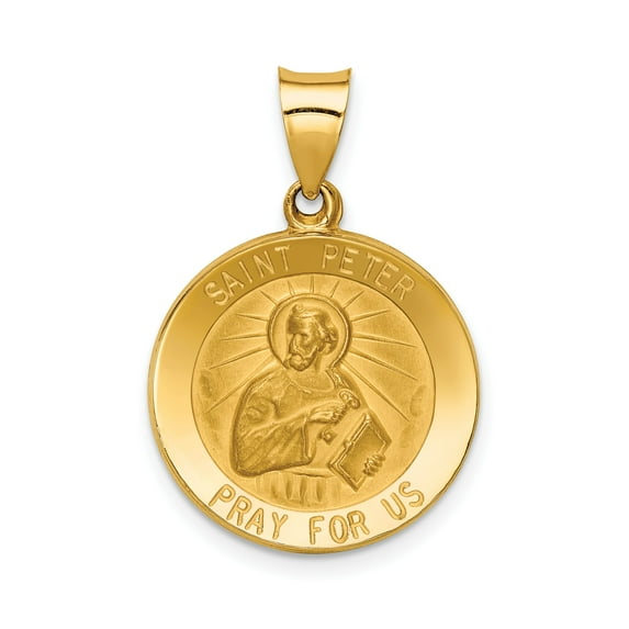 14k Yellow Gold Saint Peter Medallion Pendant with Keys and Book Engraving, Catholic Religious Necklace for Men or Women, Christian Faith Jewelry Symbol of Protection and Devotion