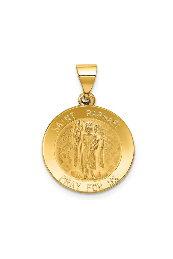 14k Yellow Gold Saint Raphael Medal Pendant with Angel, Catholic Christian Jewelry for Men or Women, Healing Protection Symbol, Religious Necklace for Faith Wear