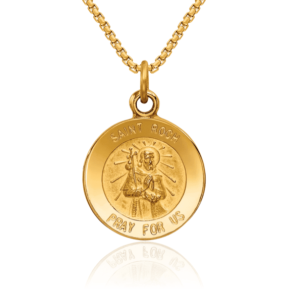 14K Solid Yellow Gold Saint Roch Medal Necklace Chain Pendant Charm