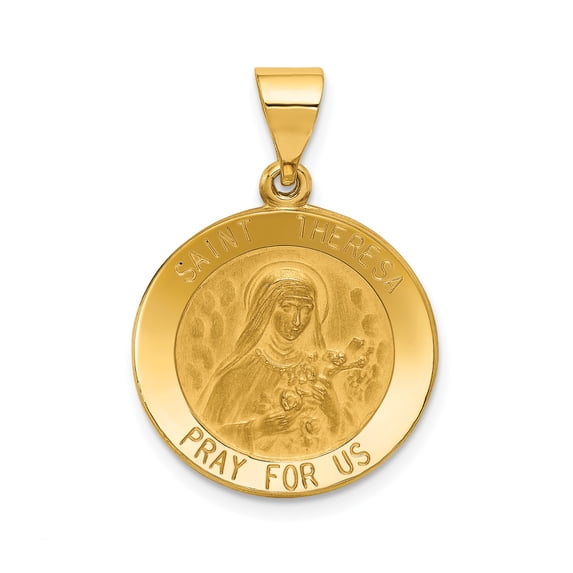 14k Yellow Gold Saint Theresa Pendant Medal for Women with Image and Inscription, Catholic Religious Necklace Symbolizing Faith and Devotion