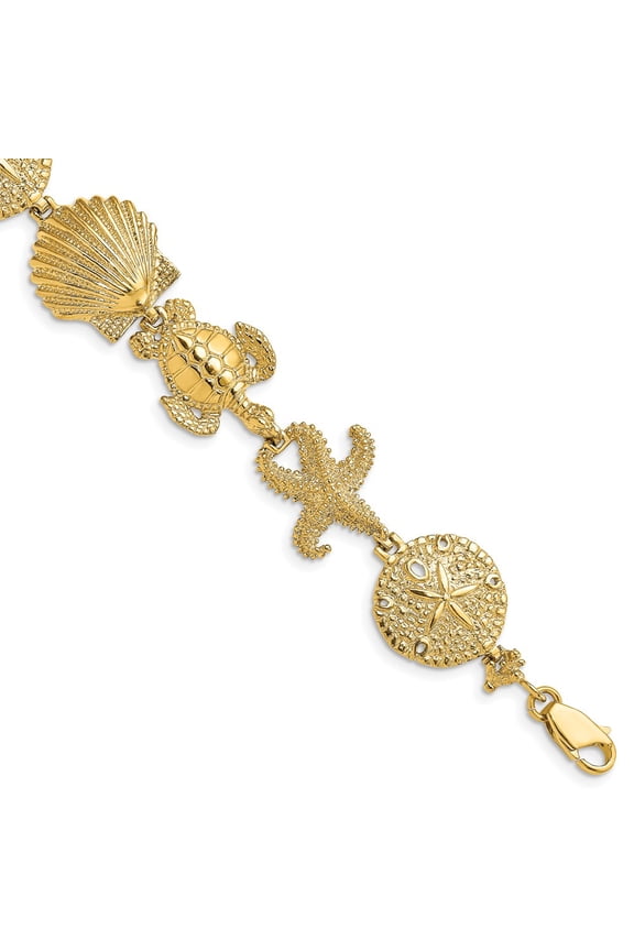 14k Yellow Gold Sand Dollar, Starfish, Turtle Link Bracelet Fine Jewelry For Women Gifts For Her, 7"