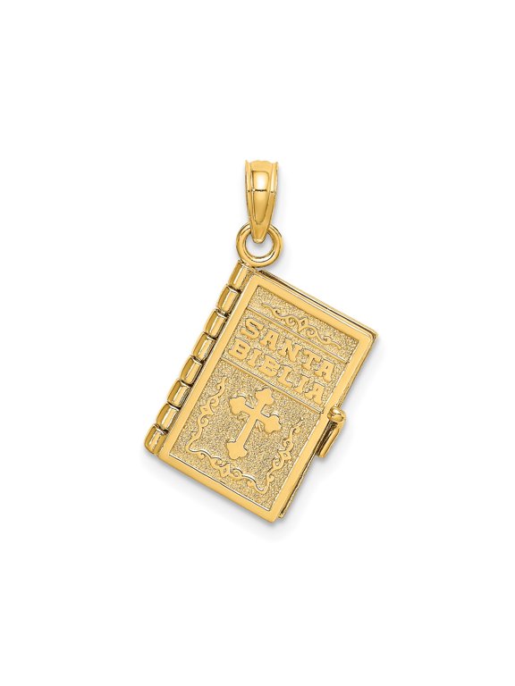 14k Yellow Gold Santa Biblia Spanish Bible Book Pendant Charm, 3D Moveable Religious Cross