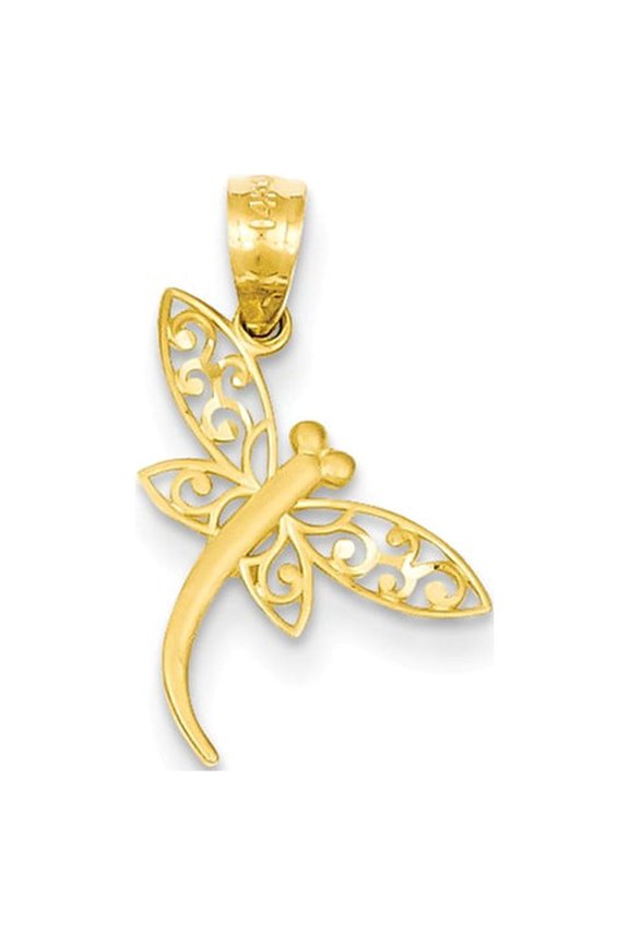 14k Yellow Gold Satin Diamond-cut Dragonfly Pendant