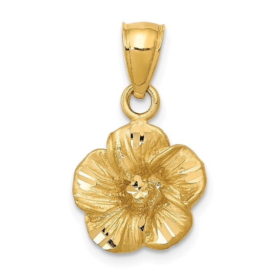 14k Yellow Gold Satin Diamond-cut Hibiscus Pendant Charm