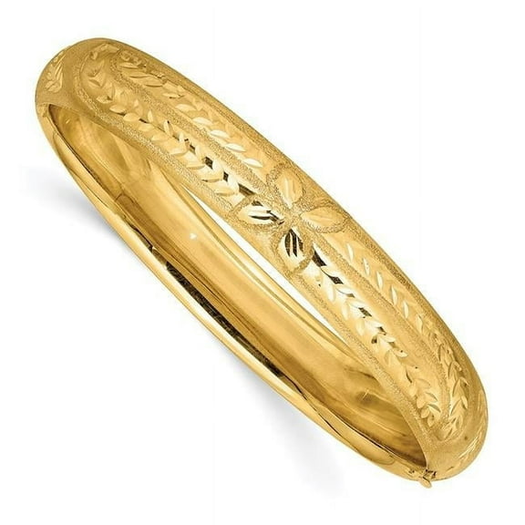 14k Yellow Gold Satin Hollow Safety bar 10mm Oversize Florentine Engraved Hinged Cuff Stackable Bangle Bracelet - Bangle