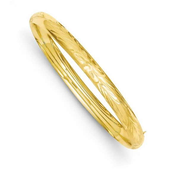 14k Yellow Gold Satin Hollow Safety bar 6mm Oversize Florentine Engraved Hinged Cuff Stackable Bangle Bracelet - Bangle