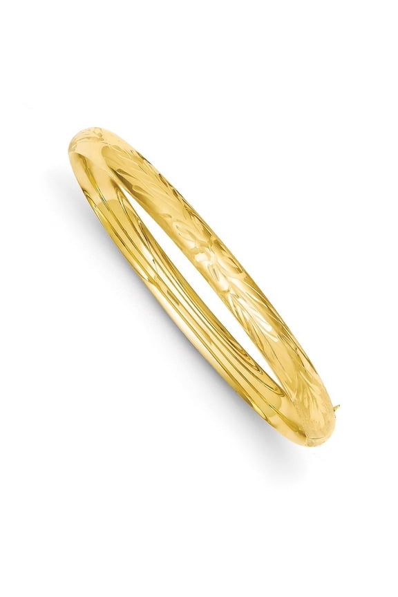 14k Yellow Gold Satin Hollow Safety bar 6mm Oversize Florentine Engraved Hinged Cuff Stackable Bangle Bracelet - Bangle