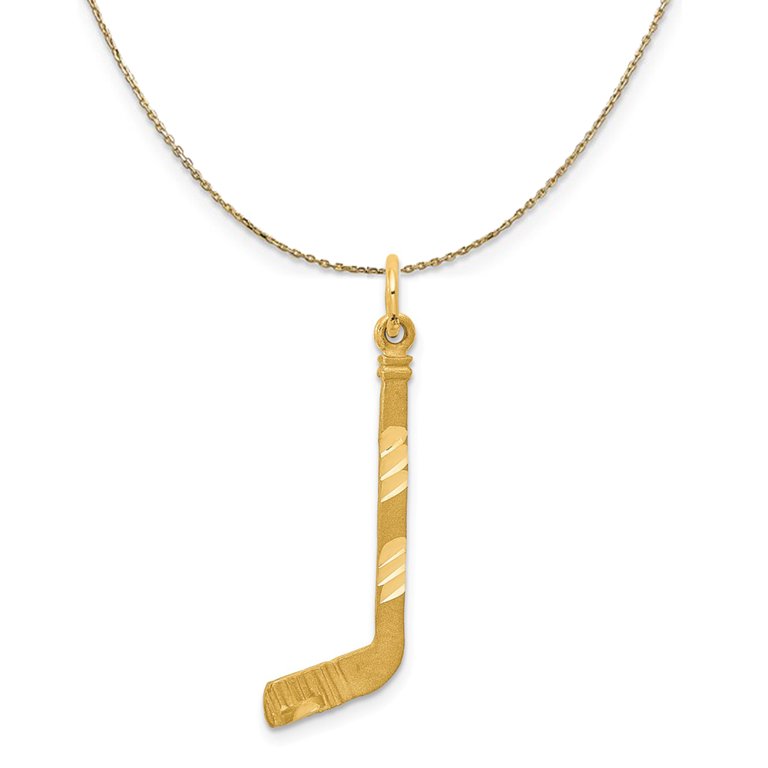 14k Yellow Gold Satin and Diamond Cut Hockey Stick Necklace - 24 Inch