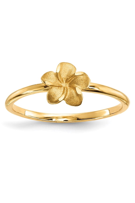 14k Yellow Gold Satin and Diamond Cut Plumeria Ring Fine Jewelry For Women Gifts For Her, Size 7