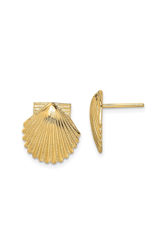 14k Yellow Gold Scallop Seashell Stud Earrings for Women, Nautical Beach-Inspired Ocean Jewelry, Coastal Nature Motif, Travel Symbol, Minimalist Resort Style Accessory
