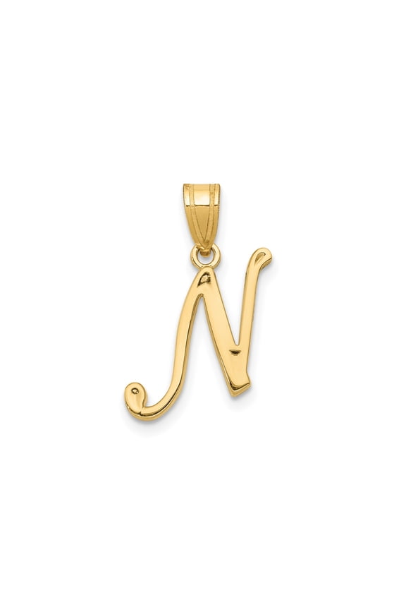 14k Yellow Gold Script Initial N Pendant for Women, Polished Cursive Letter Necklace, Dainty Alphabet Monogram Jewelry, Personalized Identity Symbol Style