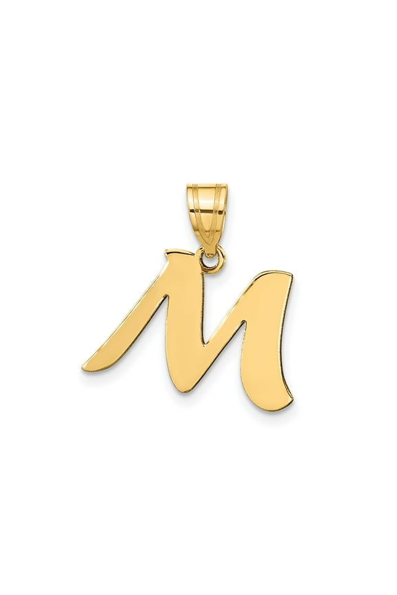 14k Yellow Gold Script Letter M Pendant, Polished Initial Charm for Necklace, Unisex Monogram Jewelry, Real Gold Alphabet Accessory for Men and Women, Classic Personalized Style