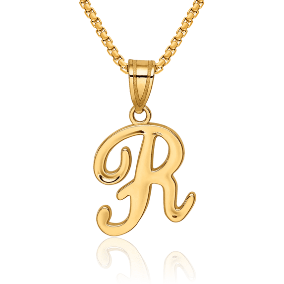 14K Solid Yellow Gold Dainty Letter R Initial Name Monogram Necklace Chain Pendant Charm with chain 20inch