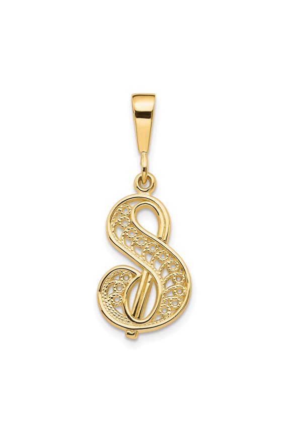 14k Yellow Gold Script Letter S Pendant for Women, Filigree Monogram Initial Charm, Polished Personalized Jewelry for Necklaces, Custom Identity Accessory